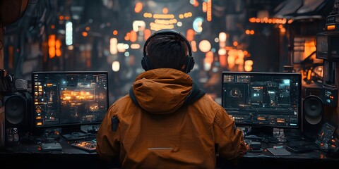 Obraz premium Digital Sentinel: A lone figure, engrossed in the glowing interfaces of a high-tech command center, monitors a futuristic cityscape, symbolizing vigilance and advanced technology.