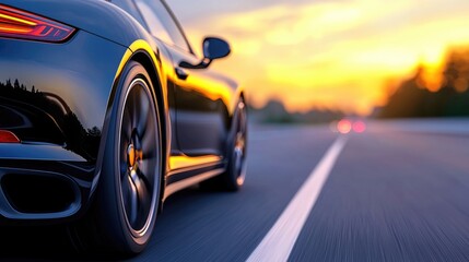Dynamic sports car driving at sunset on open road captured in high-definition vibrant environment low angle view