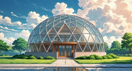 Obraz premium Giant eco dome for sustainable living building design on manga design illustration background