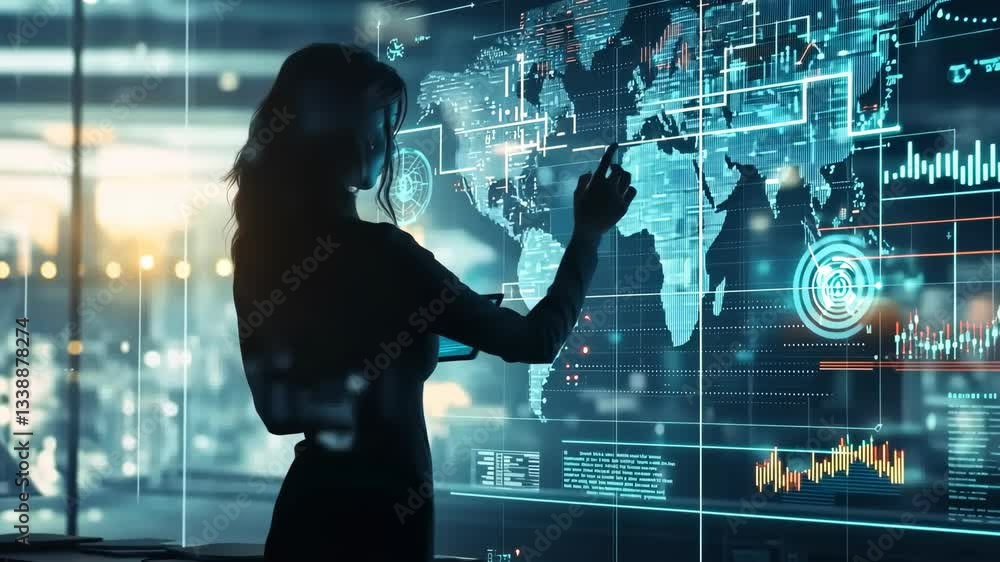Aufkleber a silhouette of a businesswoman with a tablet interacting with a futuristic display of global data a