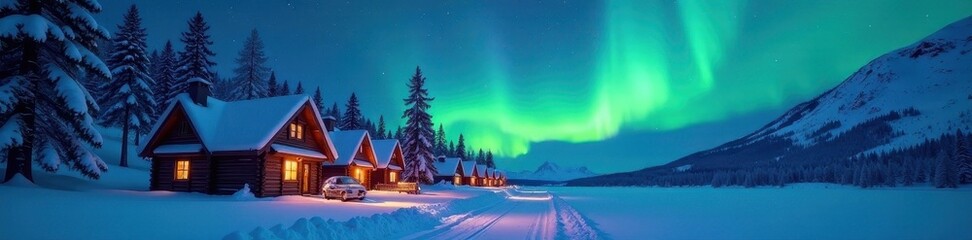 Vibrant aurora borealis illuminates cozy snow-covered houses , night sky, northern lights