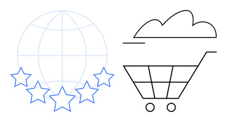Globe with five stars symbolizing quality rating paired with a shopping cart under a cloud. Ideal for e-commerce, online shopping, global reach, cloud service, digital trade, network reliability