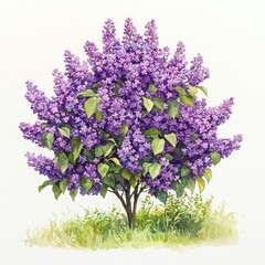 Fototapeta premium Lilac tree, vibrant, charming watercolor, fresh beauty, white background.