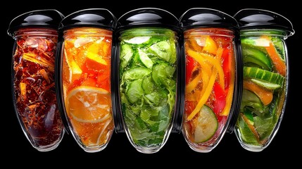 Colorful Sliced Fruits and Vegetables in Transparent Dispensers