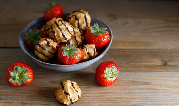 Homemade coconut biscuits with strawberry.
