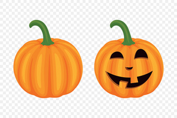 Vector Cartoon Pumpkins Collection with Carved Faces. Flat Colorful Pumpkin Stickers Set. Design Templates for Halloween, Fall, Harvest. Cute and Fun Simple Pumpkin Illustrations