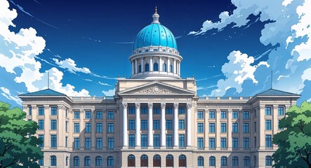 Obraz premium Grand government building with a sky blue dome and white pillars building design on manga design illustration background