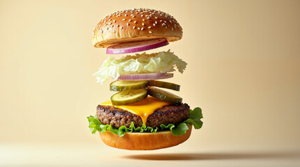 Hamburguesa clásica con queso cheddar, pepinillos y cebolla morada