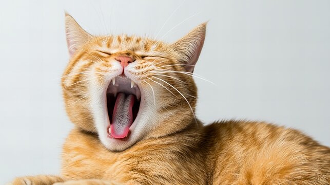 Orange tabby cat is yawning widely while lying down, showing its tongue and teeth against a bright white background with visible fur details and close