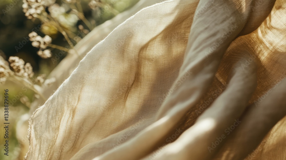 Poster soft flowing fabric in natural setting with gentle light touching