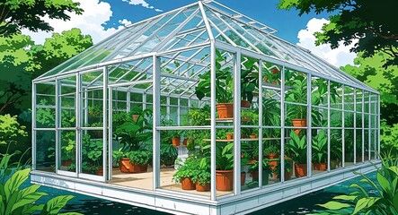 Fototapeta premium Green and white floating greenhouse with exotic plants visible inside building design on manga design illustration background