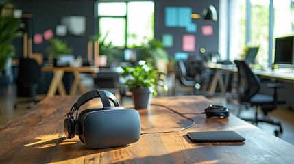 an office table with VR equipment ready for use.