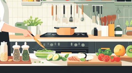 Fresh Ingredients and Cookware in Modern Kitchen Setup
