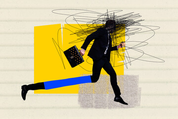 Composite photo collage of anonym businessman run long leg carry briefcase coffee cup beverage late...