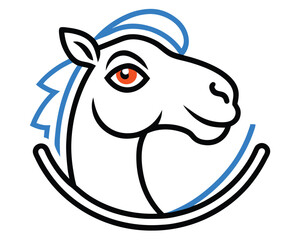 A stylized logo with in blue, white, red, and orange. The orange color is used for the stylized Camel head. The Camel head has its eyes closed and its mouth open. The background is black.