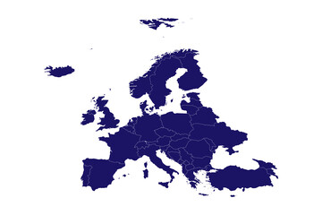 Europe map Blue color, isolated on white background for website layouts, background,education, precise. Travel worldwide, map silhouette backdrop, earth geography, political, reports.