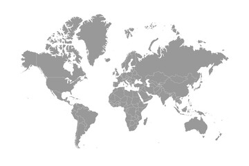 World map grayscale, isolated on white background for website layouts, background,education, precise. Travel worldwide, map silhouette backdrop, earth geography, political, reports.