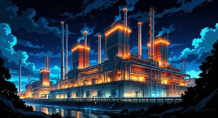 Huge high tech energy plant with glowing power reactors and metallic pipes building design on manga design illustration background