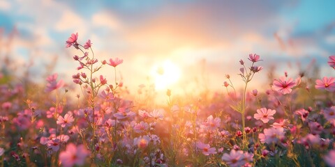 Floral Sunrise: A vibrant field of cosmos flowers glows in the golden light of sunrise, casting a beautiful and romantic atmosphere over a perfect meadow.