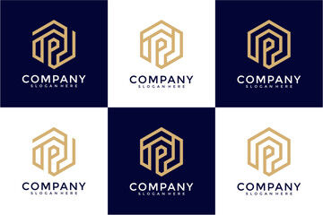 Gold Geometric Hexagon Letter P Logo Designs