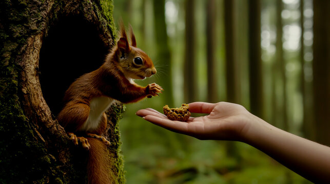 An squirrel reaching out from its hole in the tree to take food that someone is offering it