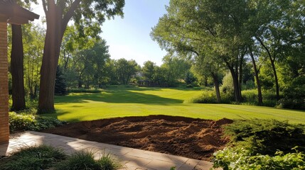 A dirt mound freshly dug in a quiet backyard.