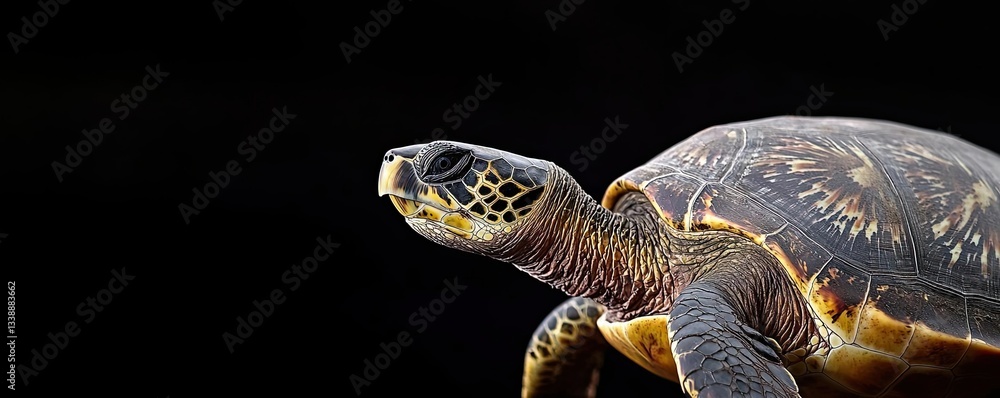 Poster Sea turtle conservation landscapes concept. A close-up of a turtle showcasing its unique patterns and textures against a dark background.