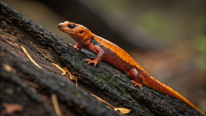 Fototapeta premium Fiery Salamander: An eye-level shot captures a striking salamander with vibrant orange and red hues, perched on a weathered log, showcasing the intricate textures of its skin and the wood.