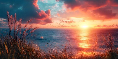 Ocean Sunset Serenity: Captivating scene of a fiery sunset over a tranquil ocean, evoking a sense of peace. Golden hues paint the sky, casting a warm glow upon the gentle waves and serene horizon.