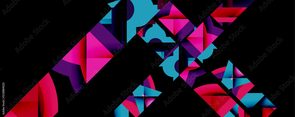 Poster Abstract geometric composition with interlocking circular and angular shapes, featuring smooth gradients and sharp contrasts on a white background