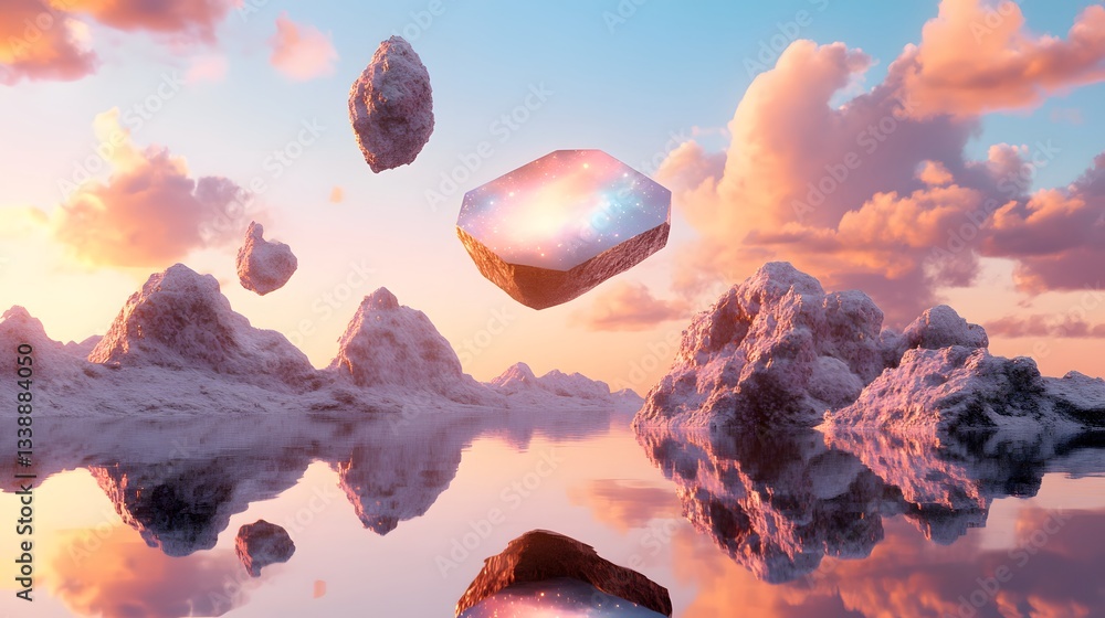 Poster a surreal ai-generated landscape with floating geometric structures and luminous skies