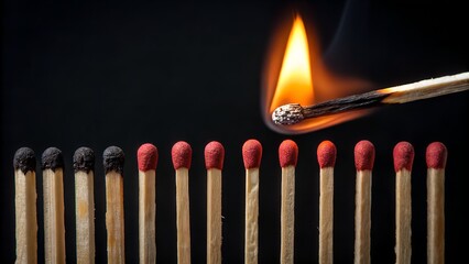 Burning Match Initiation:  A single match ignites a line of wooden matches, symbolizing the start of a chain reaction.