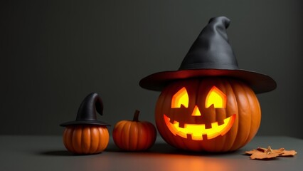 Halloween Pumpkins Display With Witch Hats
