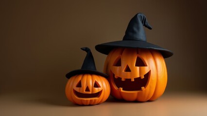 Halloween Pumpkins Wearing Witch Hats Together