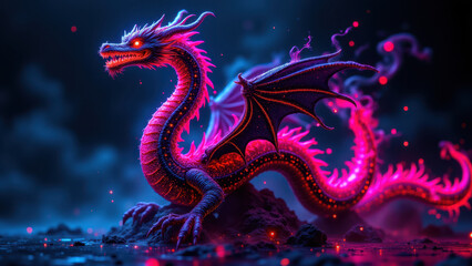 Fototapeta premium A majestic dragon with a fiery body breathes out smoke over a rocky terrain, symbolizing power and protection in cybersecurity.