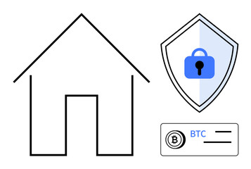 House outline, shield with padlock, and Bitcoin wallet symbol. Ideal for security, home safety, digital protection, cryptocurrency, financial security online privacy technology. Modern abstract