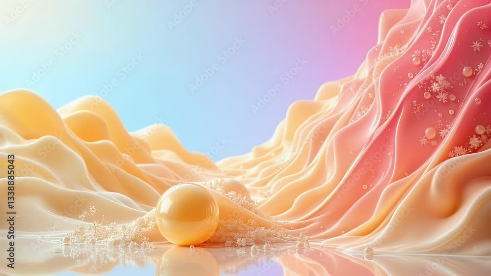 Poster Dreamy Pastel Landscape with Golden Orb and Flowing Waves for Background Art Design Ideas and Illustrations with Smooth Textures and Forms for Calm Visuals and Creative Aesthetics for Website or App