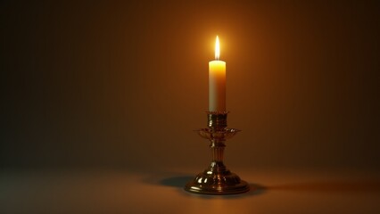 Illuminated Candle In Golden Candlestick Holder
