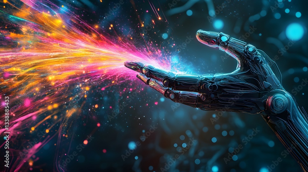 Poster a cybernetic painter with robotic arms dynamically splashing vibrant colors onto a virtual canvas