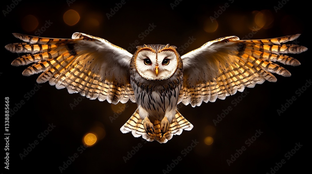 Poster owl spreads its wings against a dark background with bokeh lights, showcasing its detailed feather p