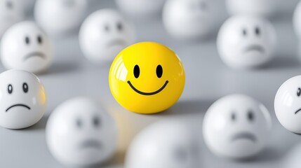 Bright yellow smiley face ball standing out among sad white faces, concept of positivity and optimism
