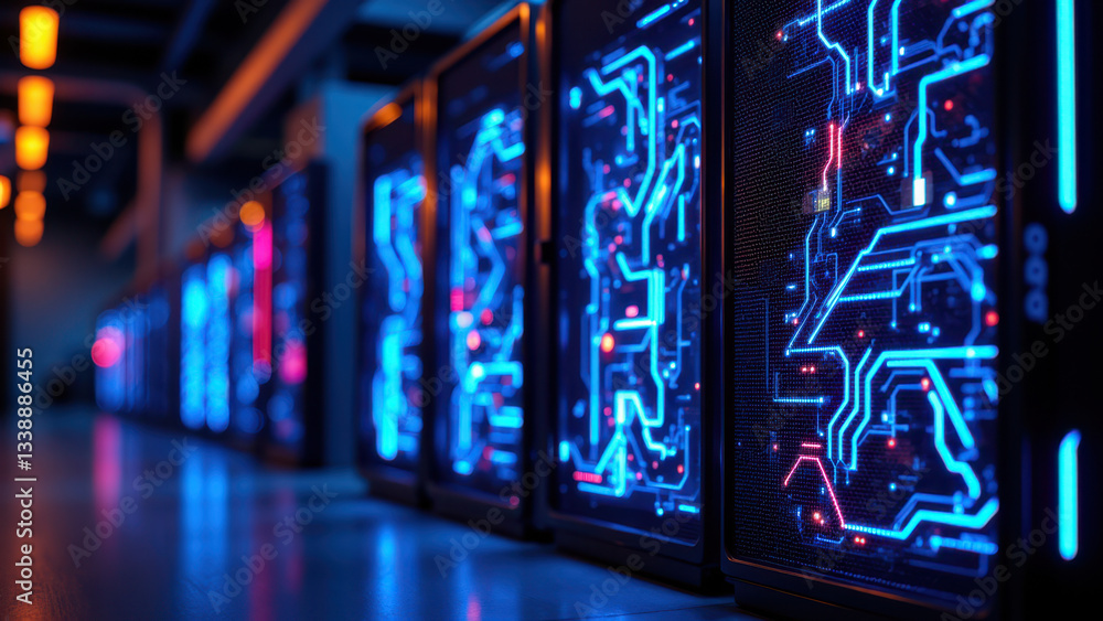 Poster advanced data center with rows of high-performance servers featuring vibrant blue lights.