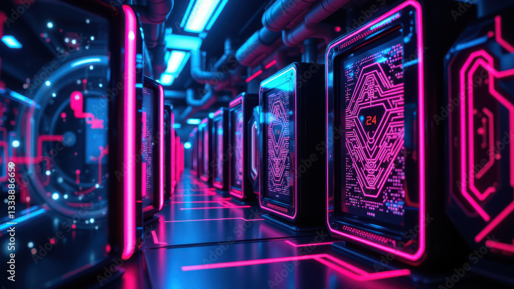 Poster a futuristic data center with vibrant lighting and advanced technology.