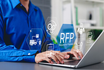 RFP, Request for Proposal Business Concept. Businessman working on laptop with icon representing...