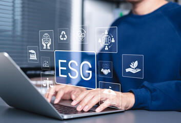 Fototapeta premium ESG Environmental Social Governance Concept. Working with ESG-related icons, sustainability, corporate responsibility, ethical business, environmental protection, responsible investment, governance,