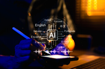 AI-Powered Language Translation Technology. Users using smartphone with AI multiple languages,...