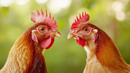 Fototapeta premium Two chickens with red beaks and red combs facing each other