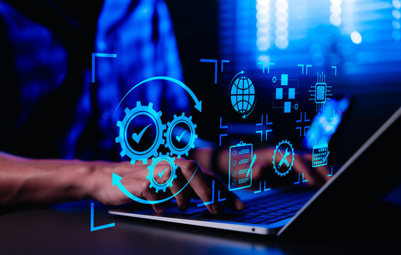 Automation concept. Business Process Automation and Optimization. Professional working with digital automation, workflow optimization, and efficiency enhancement, modern business technology solutions,