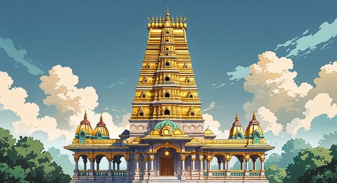 Ornate Hindu temple with a towering golden gopuram building design on manga design illustration background