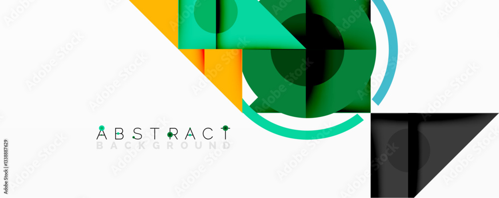 Poster abstract geometric composition with intersecting triangles, circles, and gradients, creating a dynam